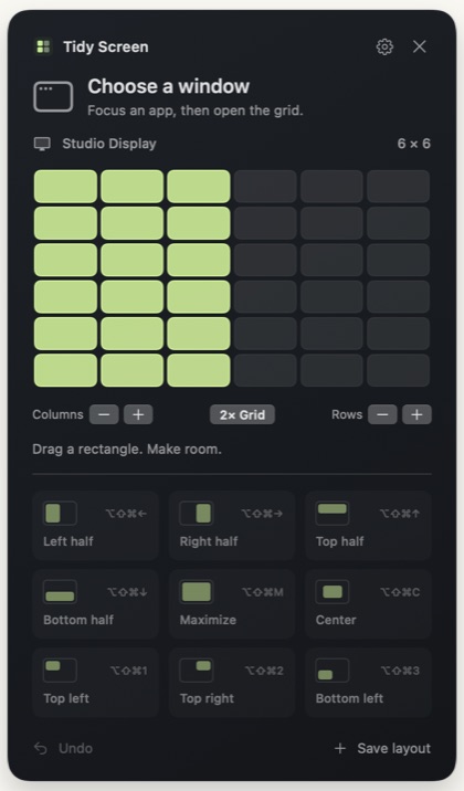The Tidy Screen grid panel with the left half of a 6 by 6 grid selected, above buttons for saved layouts such as Left half, Right half, and Center.